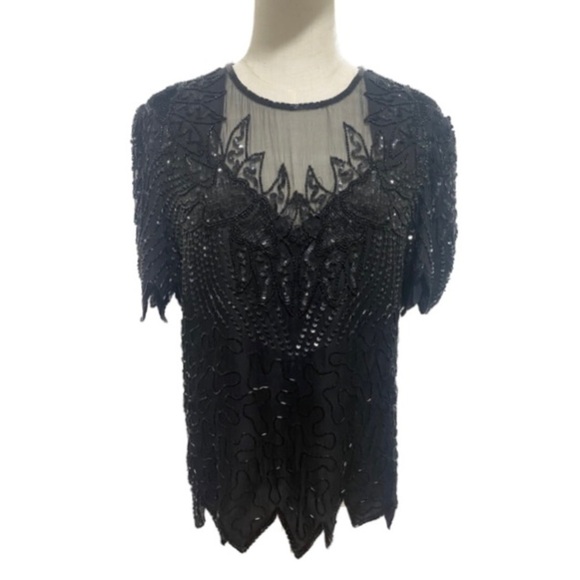 SILK BEADED & SEQUIN TOP W DECORATIVE HEM & SLEEVE EDGING LINED VINTAGE EUC SZ L - Picture 2 of 11